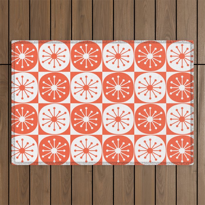 Mid Century Modern Atomic Dots Retro Orange Checkered Pattern Outdoor Rug Gallery Image 1