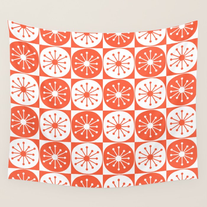 Mid Century Modern Atomic Dots Retro Orange Checkered Pattern Wall Tapestry Gallery Image 4