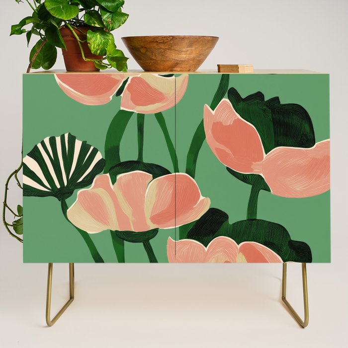 Coral Poppies on Green Credenza Gallery Image 1