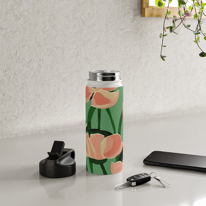 Coral Poppies on Green Water Bottle Gallery Image 4