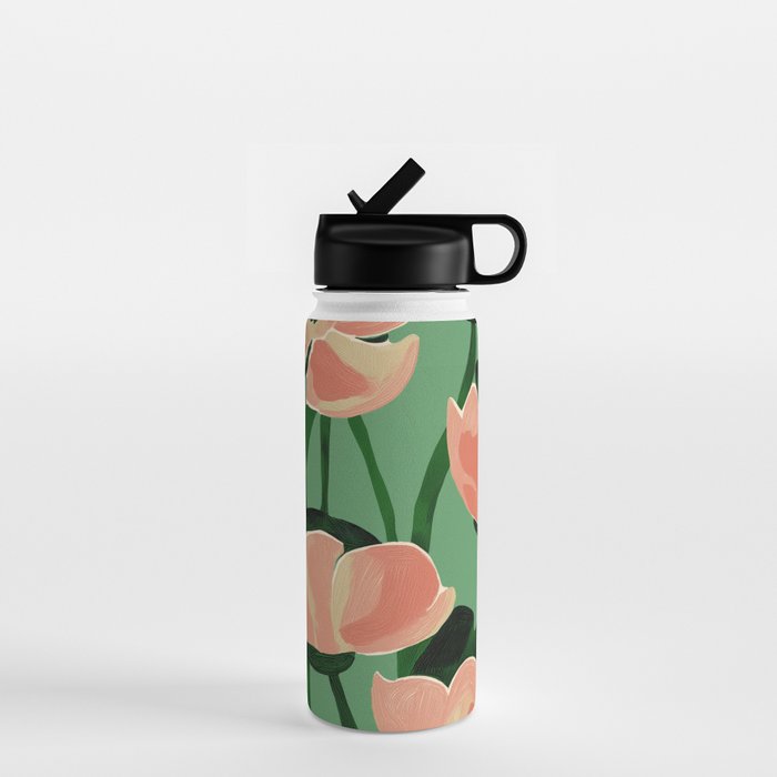 Coral Poppies on Green Water Bottle Gallery Image 1