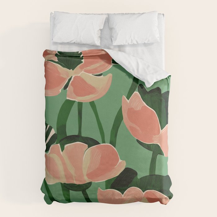 Coral Poppies on Green Duvet Cover Gallery Image 6