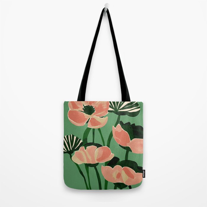 Coral Poppies on Green Tote Bag Gallery Image 2