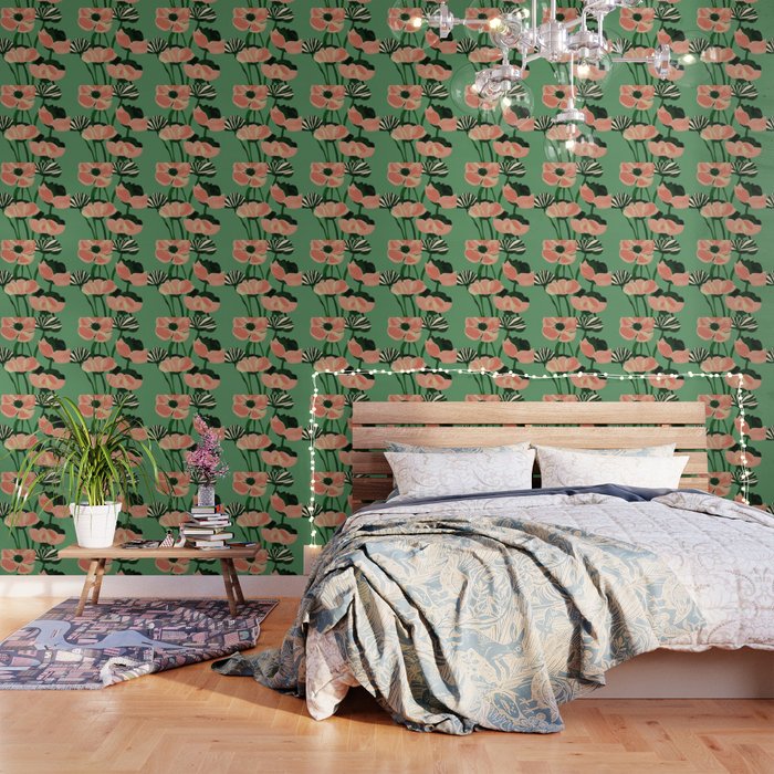 Coral Poppies on Green Wallpaper Gallery Image 1