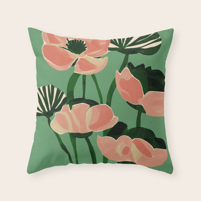 Coral Poppies on Green Throw Pillow Gallery Image 1