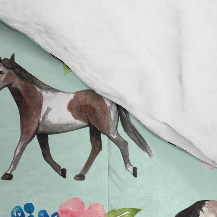 Horses and Flowers, Mint Blue, Watercolor Floral, Equestrian Decor, Horse Art Comforter Gallery Image 4