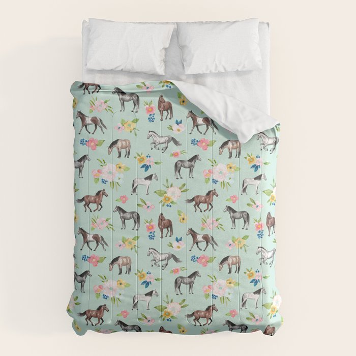 Horses and Flowers, Mint Blue, Watercolor Floral, Equestrian Decor, Horse Art Comforter Gallery Image 6