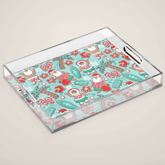 Mele Kalikimaka Hawaiian Christmas gingerbread cookies // aqua background Acrylic Tray Gallery Image 1