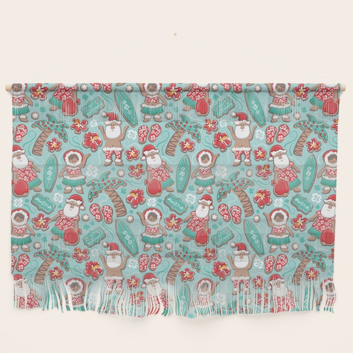 Mele Kalikimaka Hawaiian Christmas gingerbread cookies // aqua background Wall Hanging Gallery Image 1