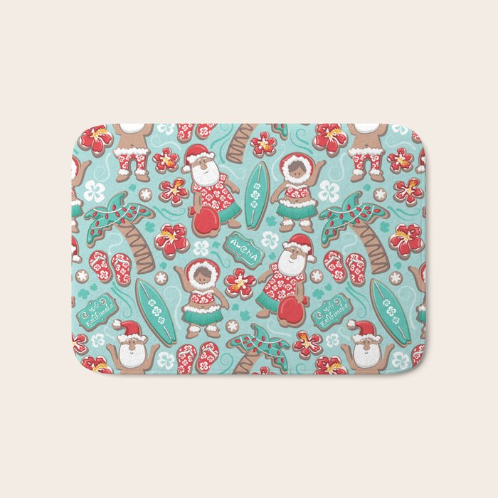 Mele Kalikimaka Hawaiian Christmas gingerbread cookies // aqua background Bath Mat Gallery Image 1
