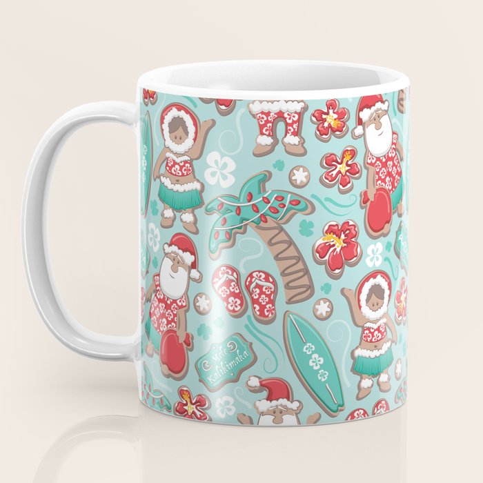 Mele Kalikimaka Hawaiian Christmas gingerbread cookies // aqua background Coffee Mug Gallery Image 3