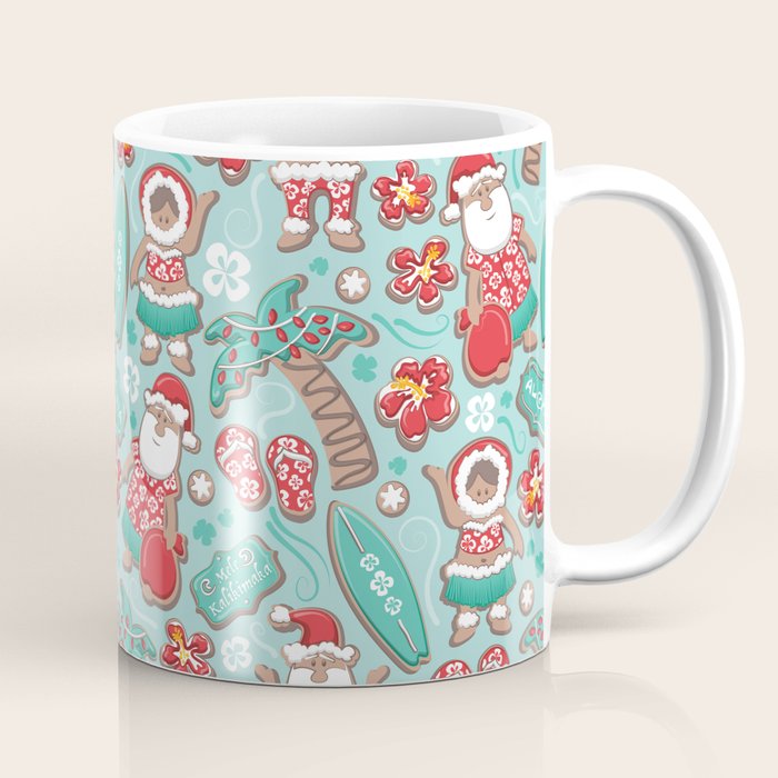 Mele Kalikimaka Hawaiian Christmas gingerbread cookies // aqua background Coffee Mug Gallery Image 1