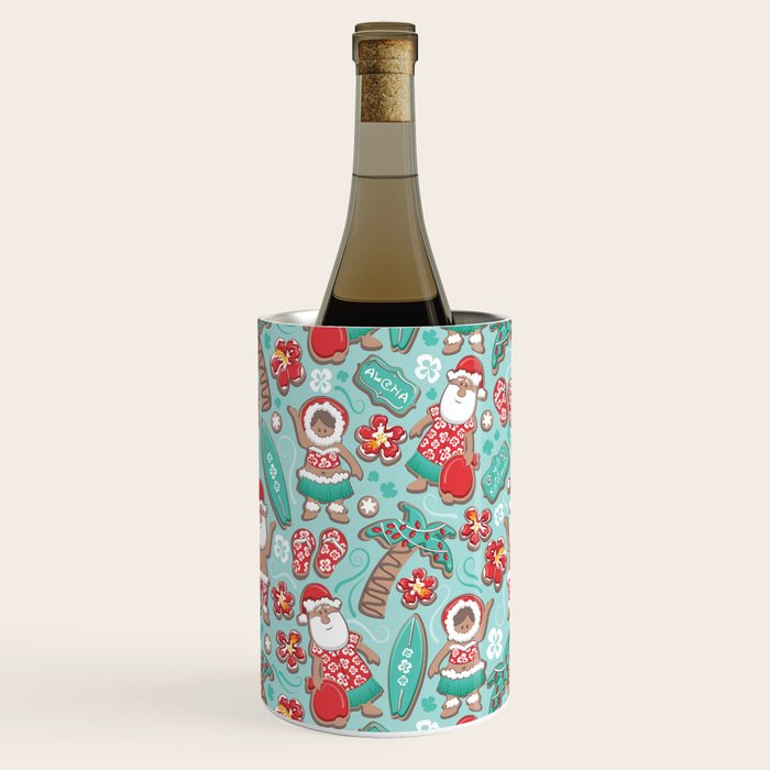 Mele Kalikimaka Hawaiian Christmas gingerbread cookies // aqua background Wine Chiller Gallery Image 1