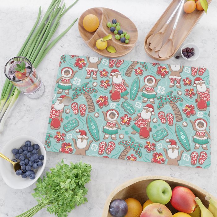 Mele Kalikimaka Hawaiian Christmas gingerbread cookies // aqua background Cutting Board Gallery Image 2