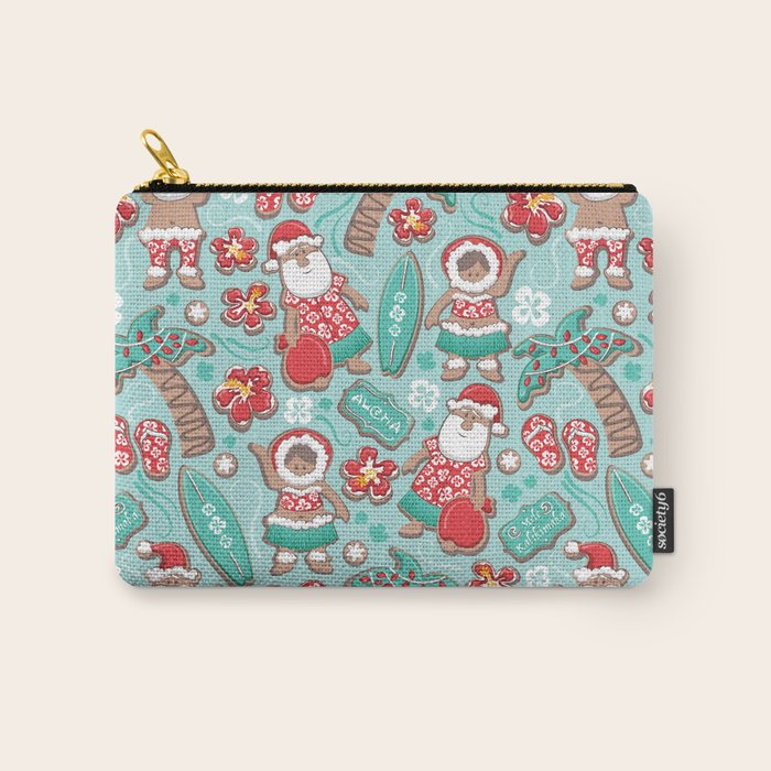 Mele Kalikimaka Hawaiian Christmas gingerbread cookies // aqua background Carry All Pouch Gallery Image 1