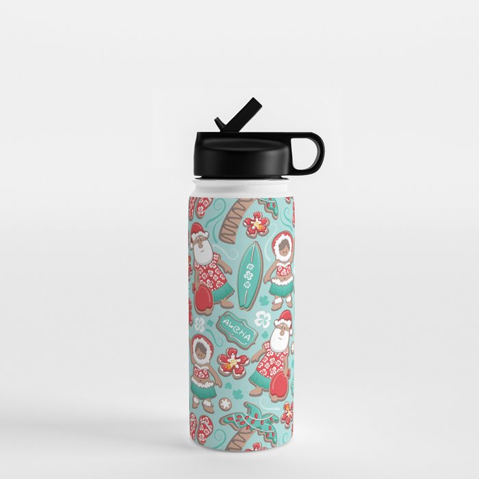 Mele Kalikimaka Hawaiian Christmas gingerbread cookies // aqua background Water Bottle Gallery Image 1