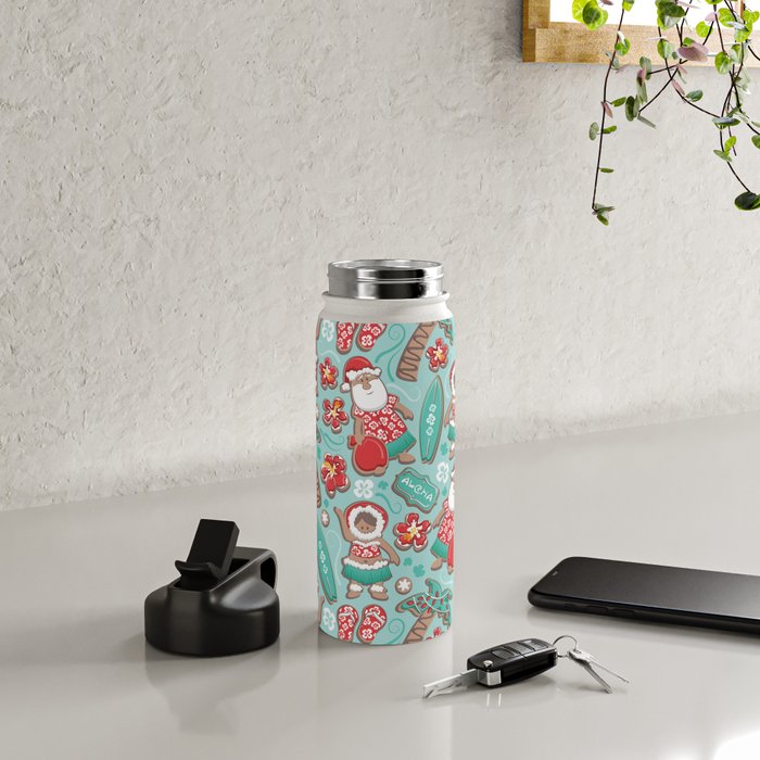 Mele Kalikimaka Hawaiian Christmas gingerbread cookies // aqua background Water Bottle Gallery Image 4