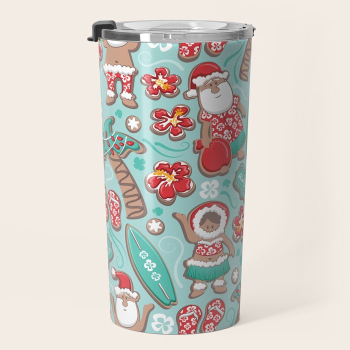 Mele Kalikimaka Hawaiian Christmas gingerbread cookies // aqua background Travel Mug Gallery Image 3