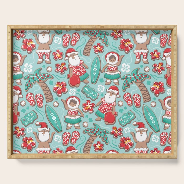 Mele Kalikimaka Hawaiian Christmas gingerbread cookies // aqua background Serving Tray Gallery Image 1