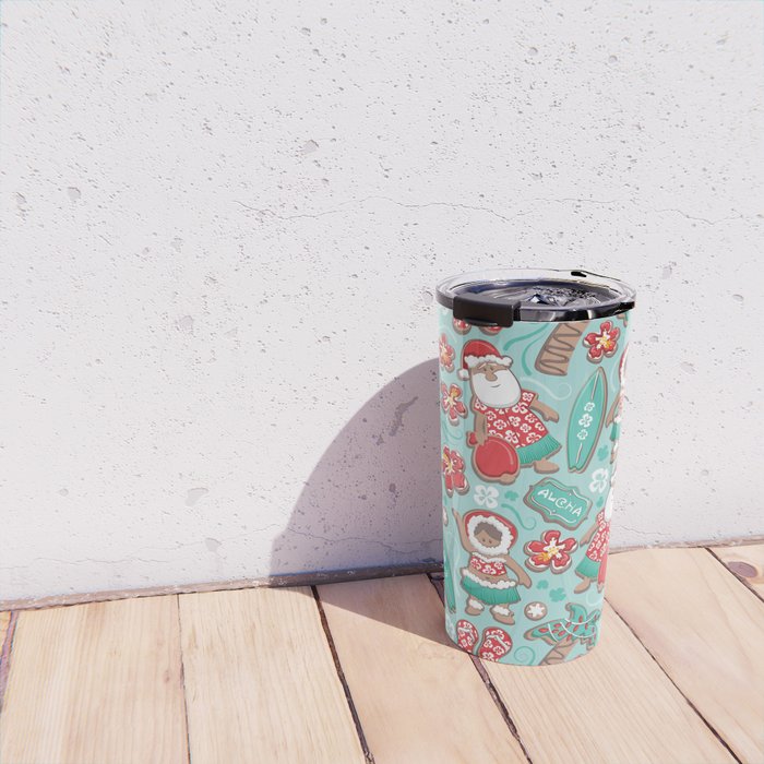 Mele Kalikimaka Hawaiian Christmas gingerbread cookies // aqua background Travel Mug Gallery Image 4