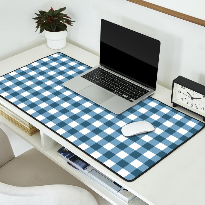 Classic Blue Gingham Checkered Pattern  Desk Mat Gallery Image 2
