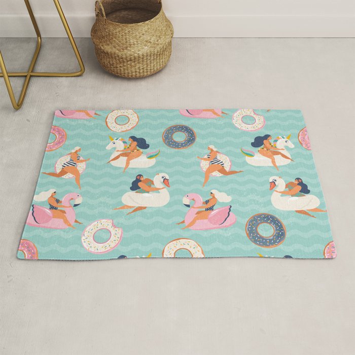 Gils on inflatable in swimming pool floats. Rug Gallery Image 1