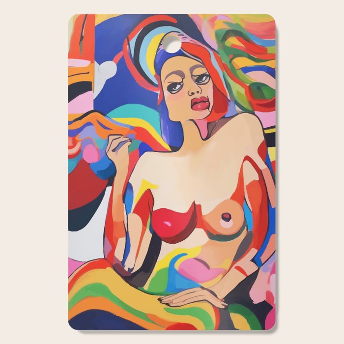 The Feminist, Women Rights Abstract Portrait Eclectic Painting, Modern Bohemian Brown Woman Nude Colorful Cutting Board Gallery Image 1