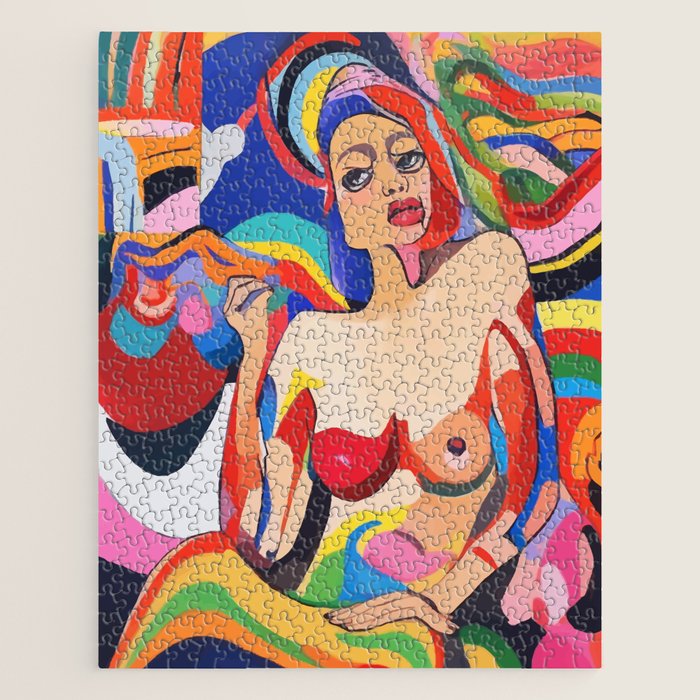 The Feminist, Women Rights Abstract Portrait Eclectic Painting, Modern Bohemian Brown Woman Nude Colorful Jigsaw Puzzle Gallery Image 1
