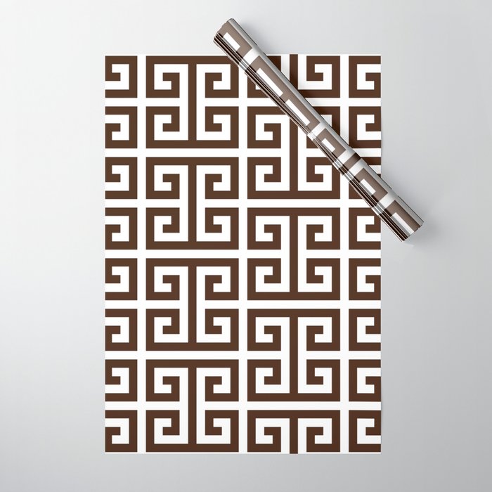 Dark Brown and White Greek Key Pattern Wrapping Paper Gallery Image 1