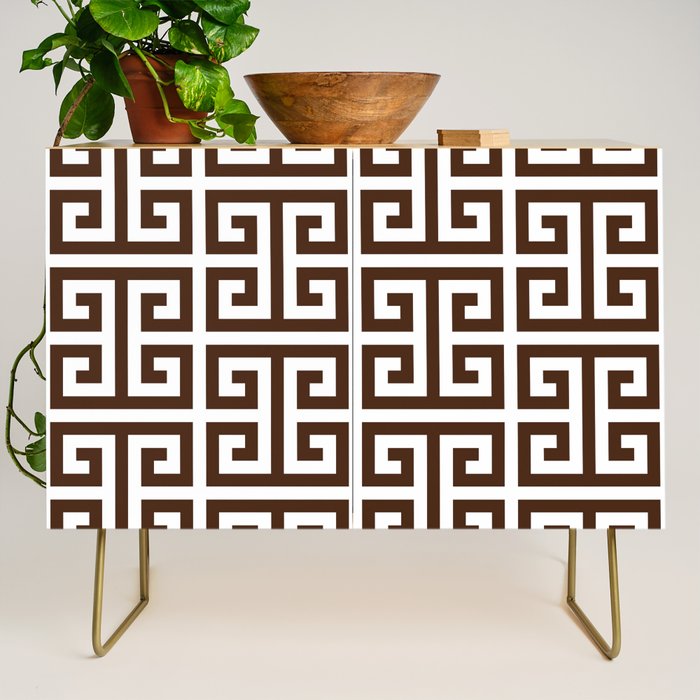 Dark Brown and White Greek Key Pattern Credenza Gallery Image 1