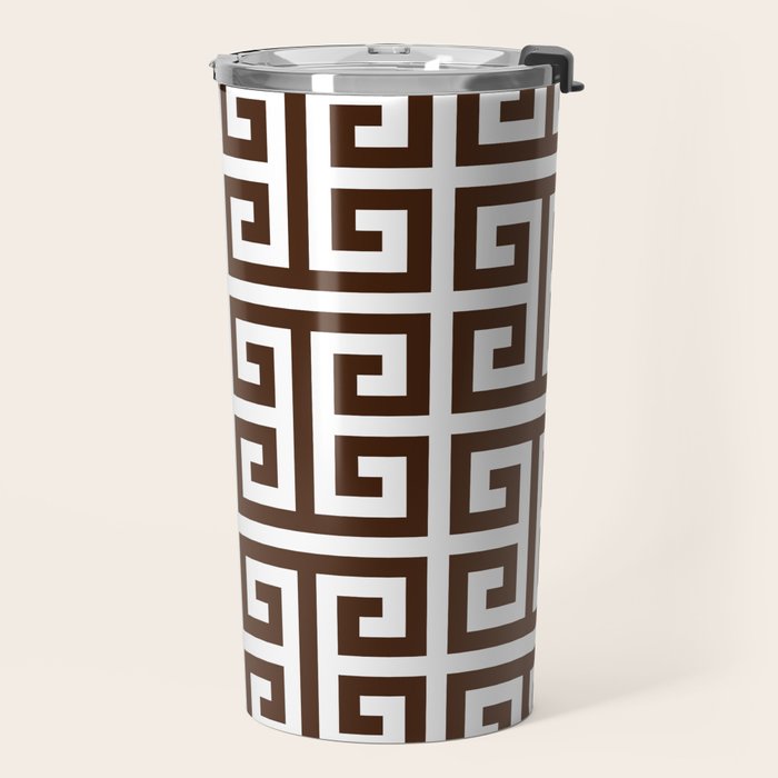 Dark Brown and White Greek Key Pattern Travel Mug Gallery Image 2