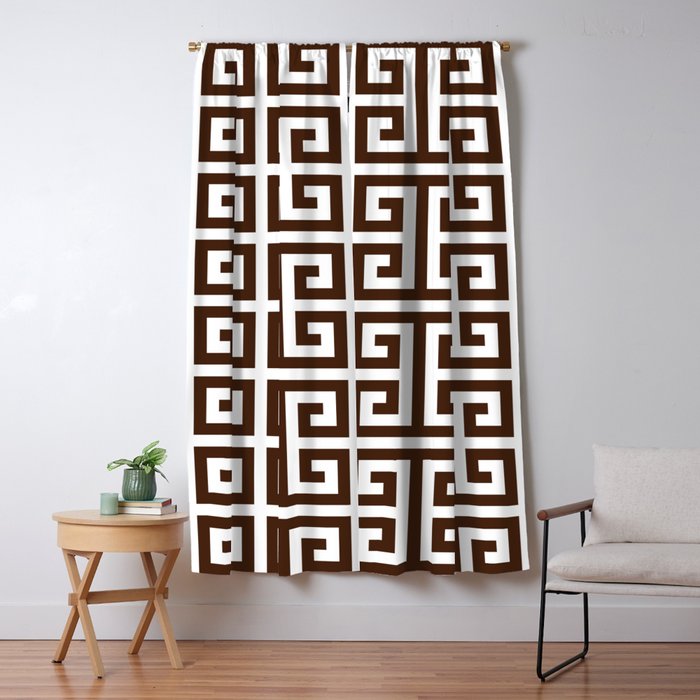 Dark Brown and White Greek Key Pattern Window Curtain
