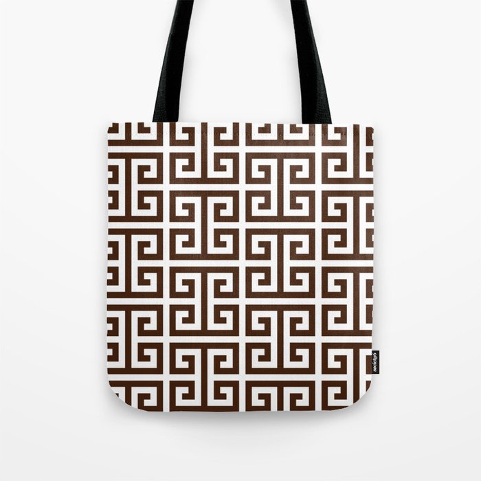 Dark Brown and White Greek Key Pattern Tote Bag Gallery Image 1