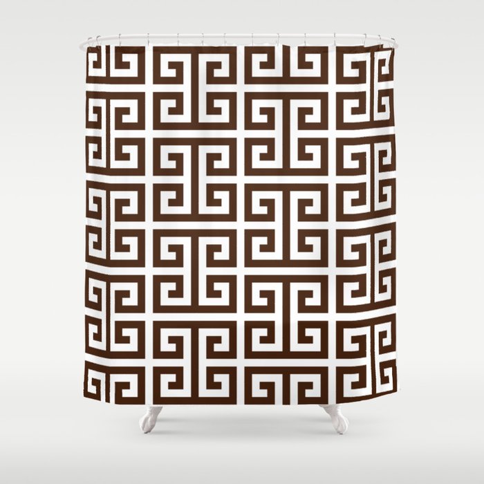 Dark Brown and White Greek Key Pattern Shower Curtain Gallery Image 1