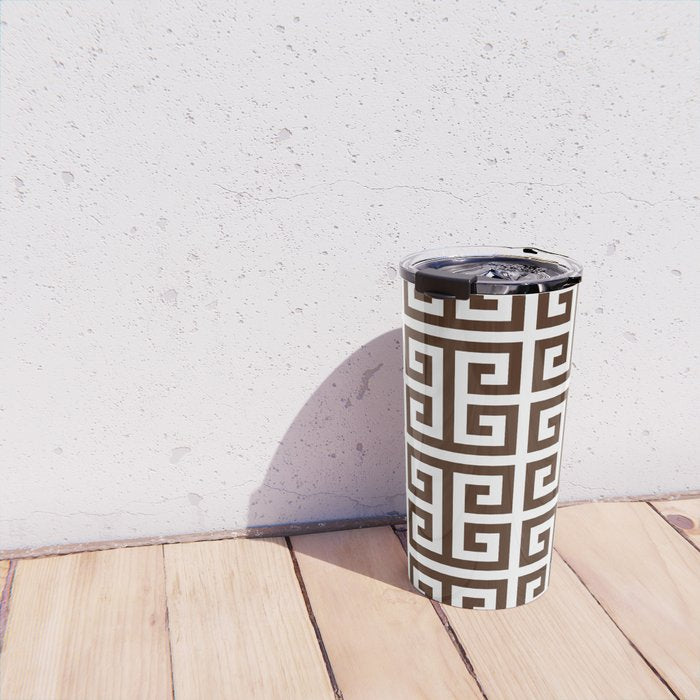 Dark Brown and White Greek Key Pattern Travel Mug Gallery Image 4