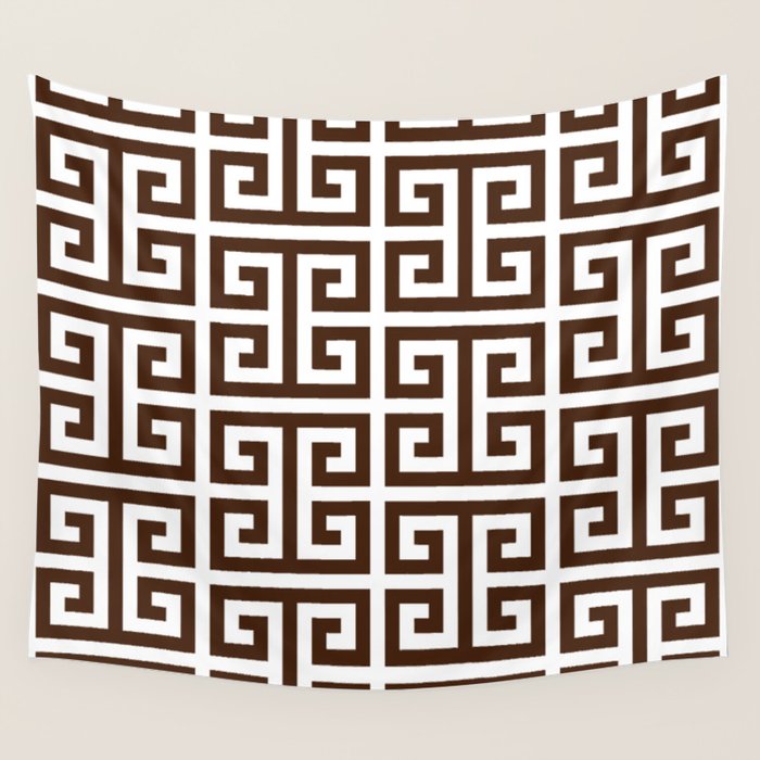 Dark Brown and White Greek Key Pattern Wall Tapestry Gallery Image 1