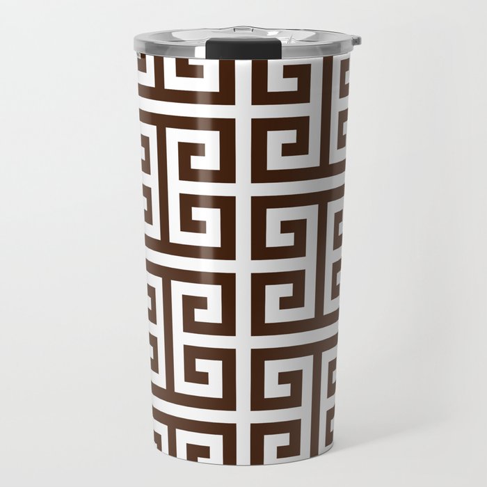 Dark Brown and White Greek Key Pattern Travel Mug Gallery Image 1