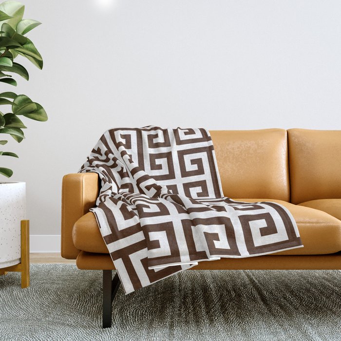 Dark Brown and White Greek Key Pattern Throw Blanket Gallery Image 1