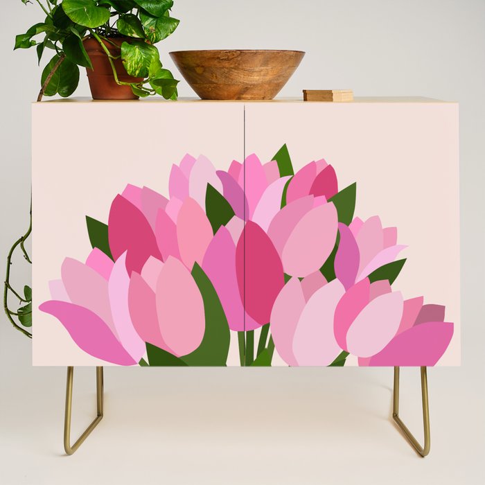 Fresh Tulips - Abstract Floral Pink Preppy Flowers Credenza Gallery Image 1