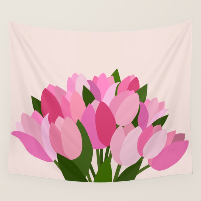 Fresh Tulips - Abstract Floral Pink Preppy Flowers Wall Tapestry Gallery Image 1