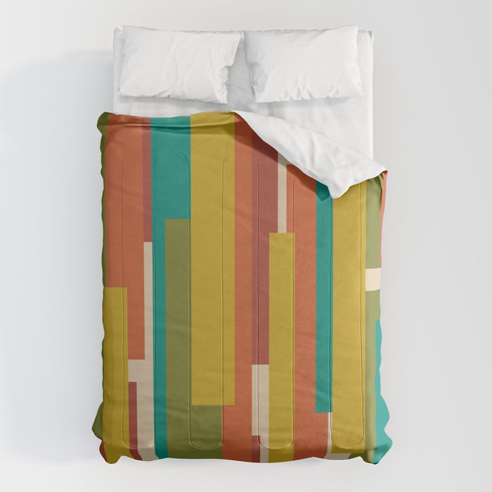 Midcentury Modern Vertical Geometric Pattern in Mid Mod Mustard, Orange, Olive, Teal, and Beige Comforter Gallery Image 6