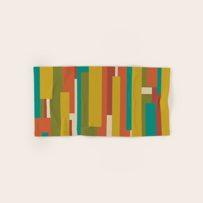 Midcentury Modern Vertical Geometric Pattern in Mid Mod Mustard, Orange, Olive, Teal, and Beige Bath Towel Gallery Image 1