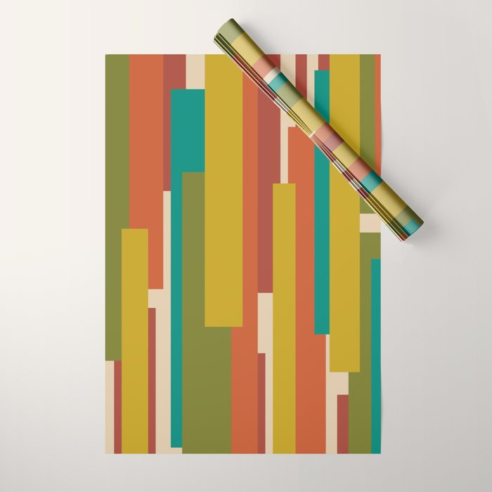 Midcentury Modern Vertical Geometric Pattern in Mid Mod Mustard, Orange, Olive, Teal, and Beige Wrapping Paper Gallery Image 1