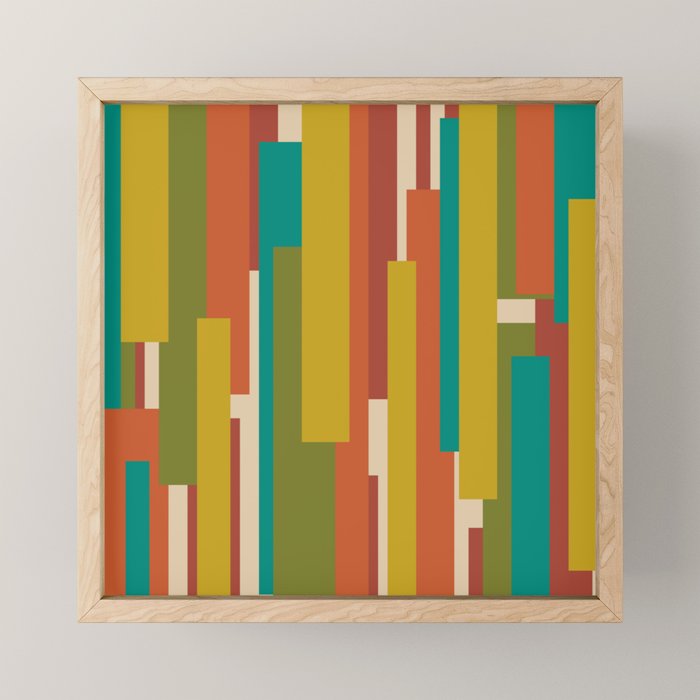Midcentury Modern Vertical Geometric Pattern in Mid Mod Mustard, Orange, Olive, Teal, and Beige Mini Art Print Gallery Image 1