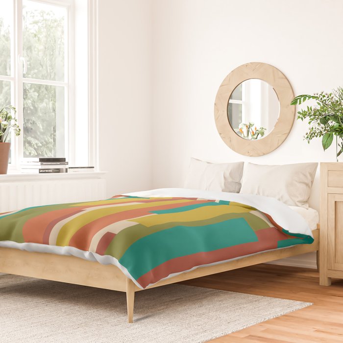 Midcentury Modern Vertical Geometric Pattern in Mid Mod Mustard, Orange, Olive, Teal, and Beige Duvet Cover Gallery Image 2
