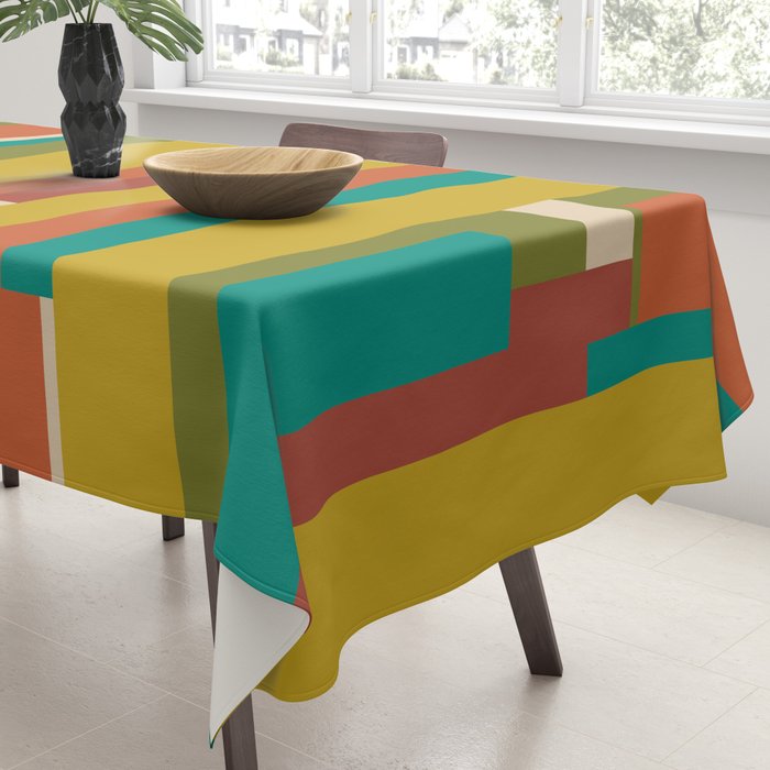 Midcentury Modern Vertical Geometric Pattern in Mid Mod Mustard, Orange, Olive, Teal, and Beige Tablecloth Gallery Image 3