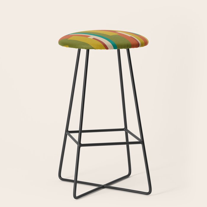 Midcentury Modern Vertical Geometric Pattern in Mid Mod Mustard, Orange, Olive, Teal, and Beige Stool Gallery Image 1