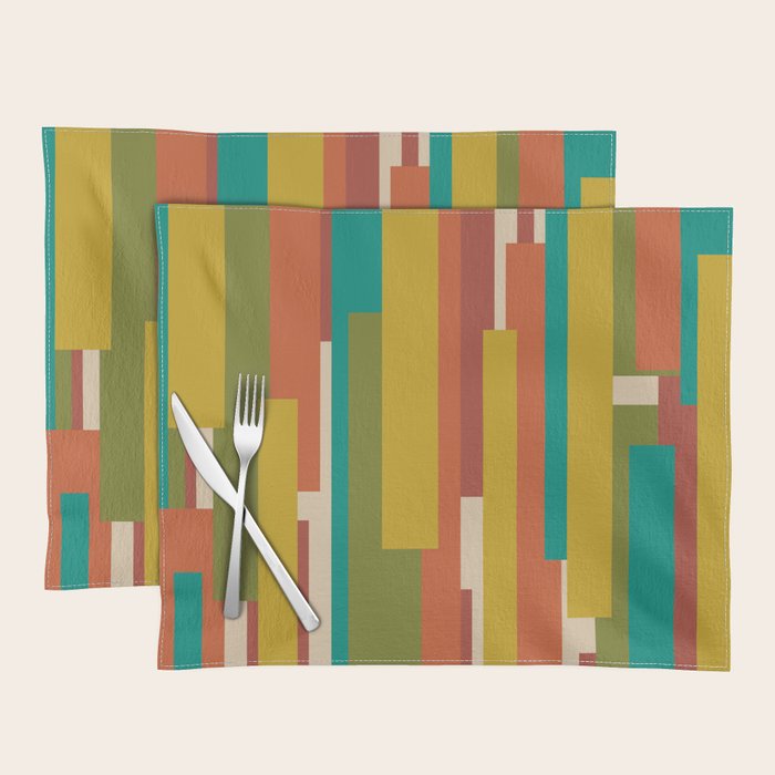 Midcentury Modern Vertical Geometric Pattern in Mid Mod Mustard, Orange, Olive, Teal, and Beige Placemat Gallery Image 1