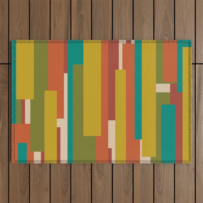Midcentury Modern Vertical Geometric Pattern in Mid Mod Mustard, Orange, Olive, Teal, and Beige Outdoor Rug Gallery Image 1