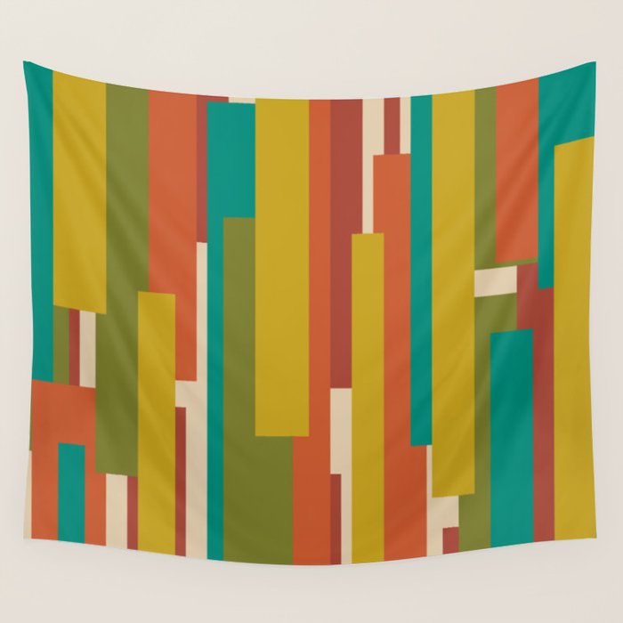 Midcentury Modern Vertical Geometric Pattern in Mid Mod Mustard, Orange, Olive, Teal, and Beige Wall Tapestry Gallery Image 1